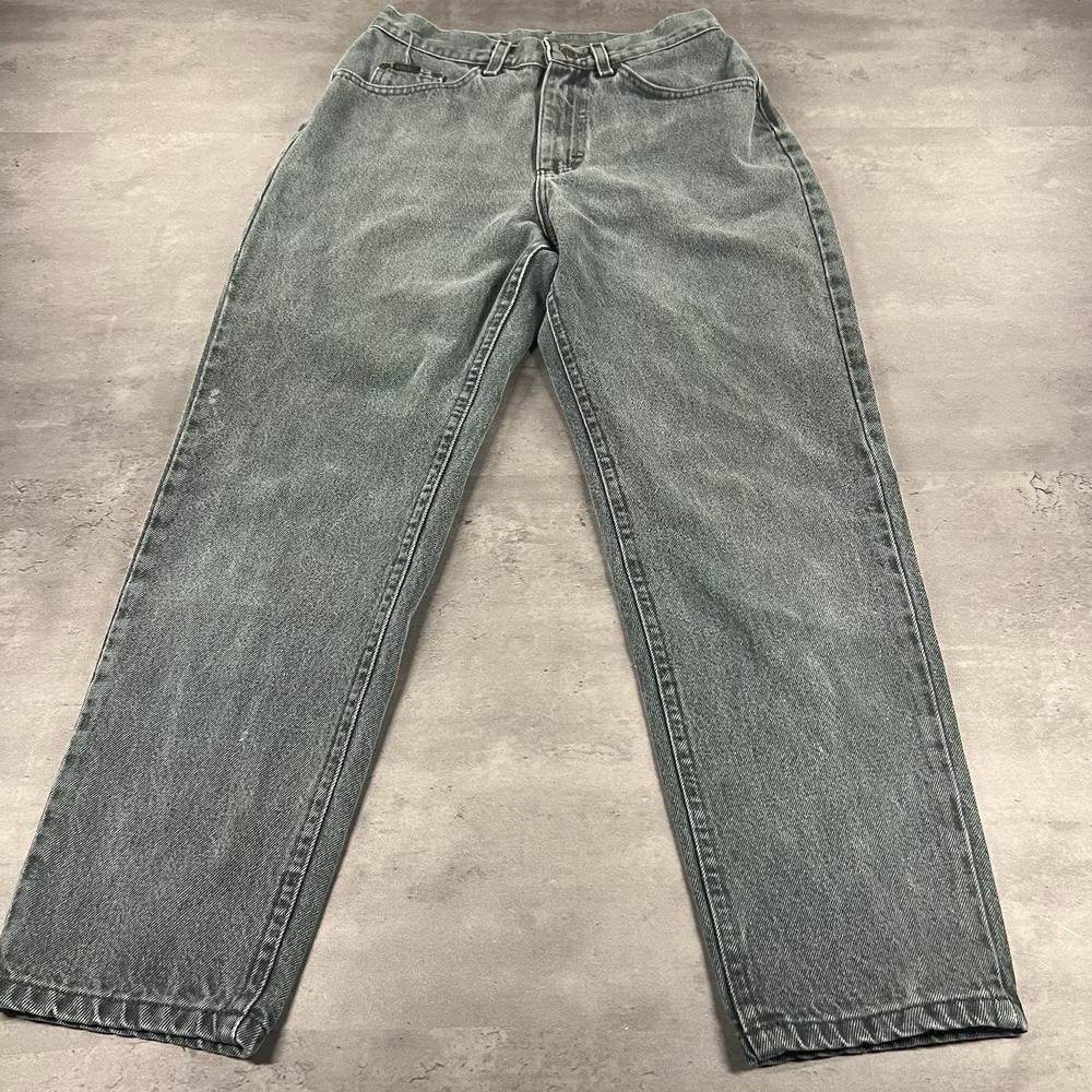 Vintage Lee Jeans Women 27x27‎ Green High Waist Tapered Leg Union USA Made Faded